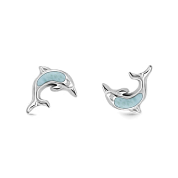 Dolphin Stud Earrings Natural Larimar 925 Sterling Silver